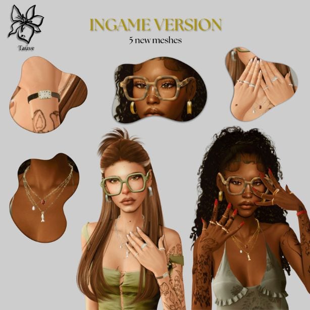 collage of female Sims modeling different accessories