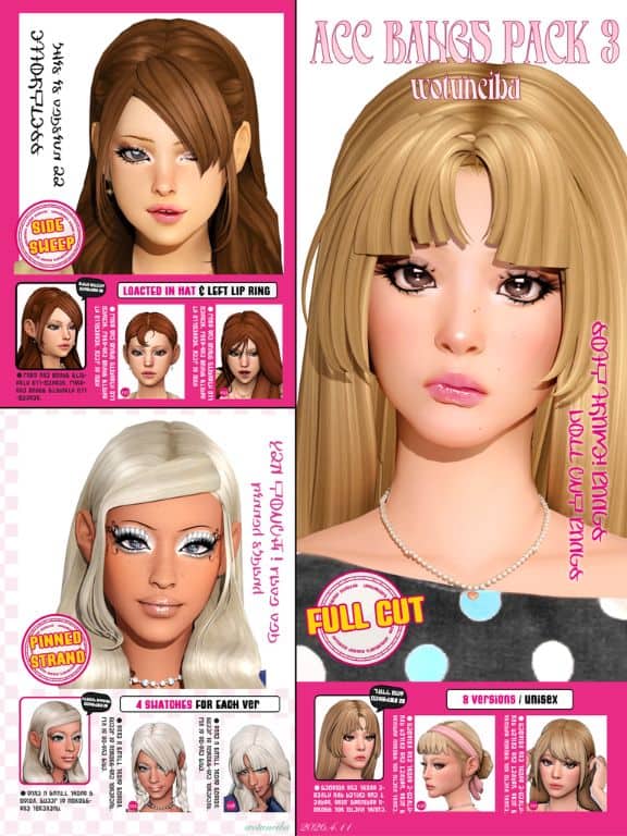 collage of female Sims wearing different accessory bangs