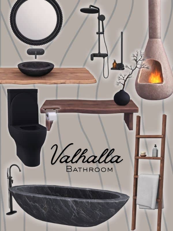 collage of spa-like, rustic bathroom furniture and decor