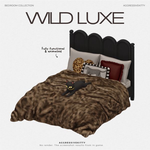 black wooden bed frame and animal-print bedding