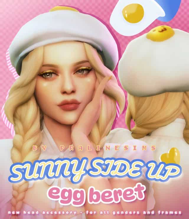 female Sim wearing an egg design beret