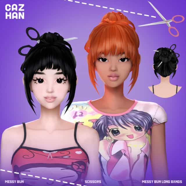 female Sims with messy bun hairstyles and bangs