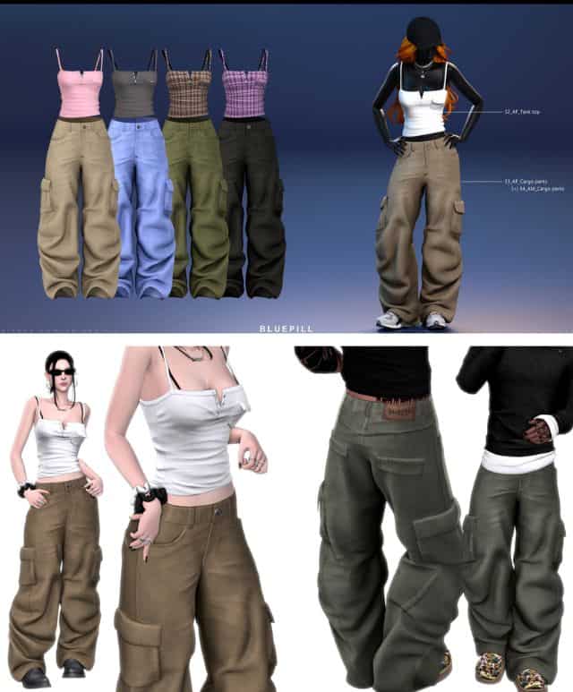 Sims wearing tank tops and baggy cargo pants