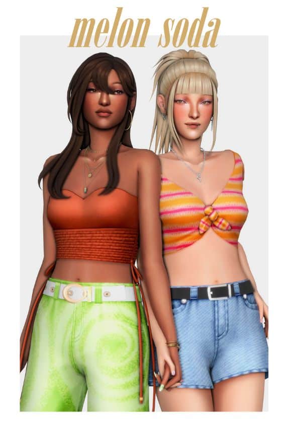 female Sims wearing colorful crop tops and bottoms