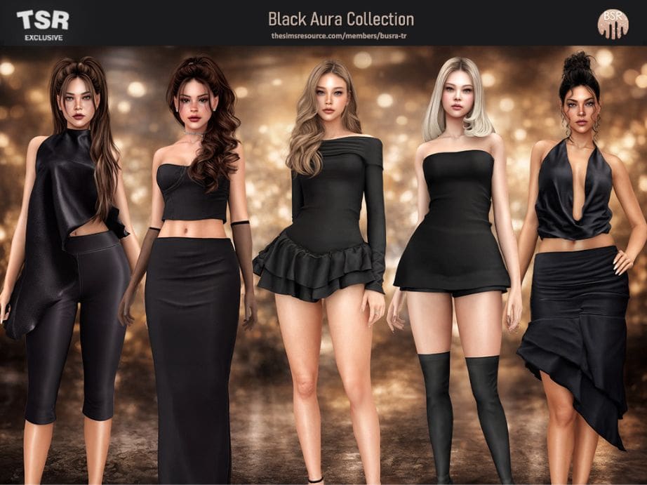 five female Sim dressed in different black outfits