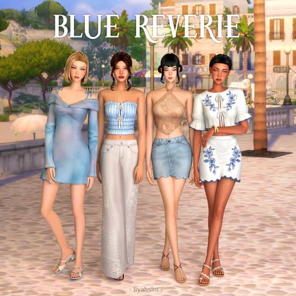 four female Sim wearing light Mediterranean-inspired clothing