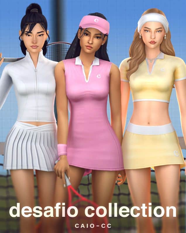 three female Sims dressed in tennis outfits