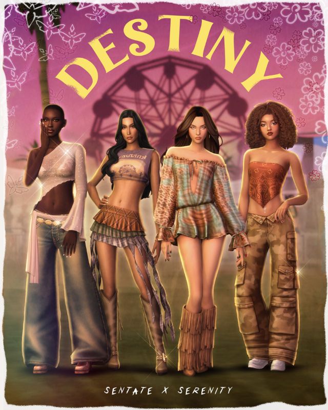 four female Sim wearing summer festival outfits