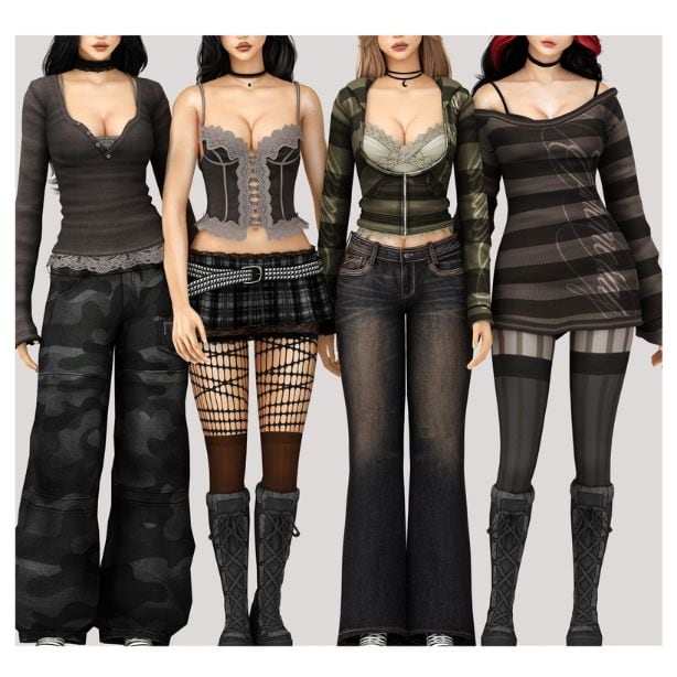 four female Sims wearing edgy streetwear clothing