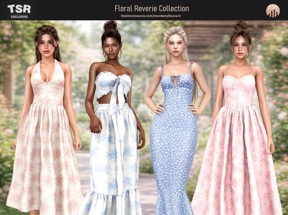 four female Sims dressed in floral outfits