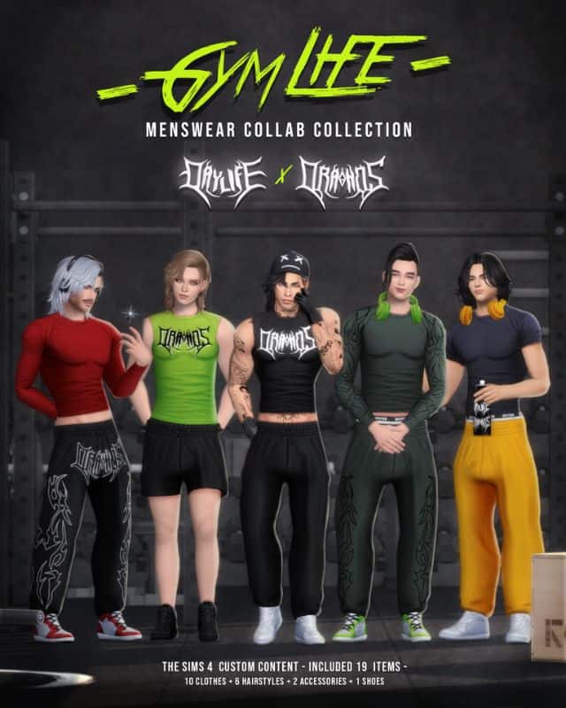five male Sims dressed for the gym