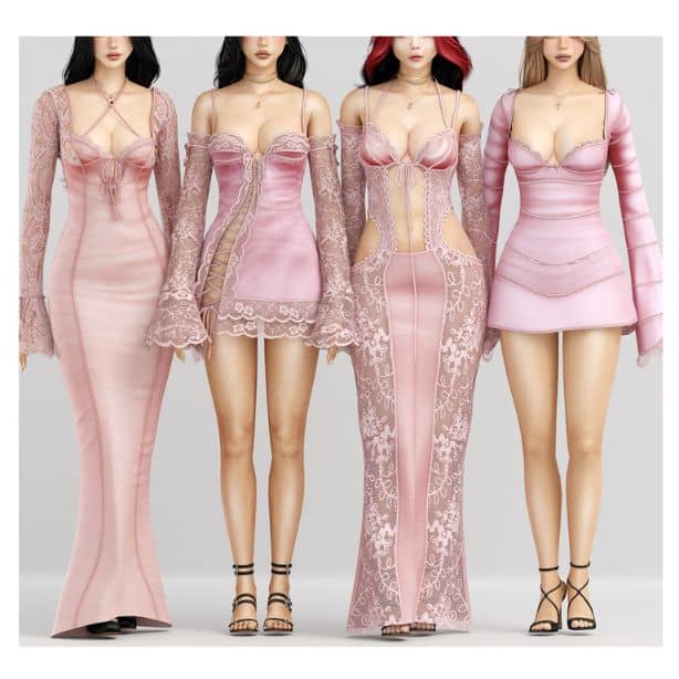 four female Sim wearing mixed styles of pink dresses