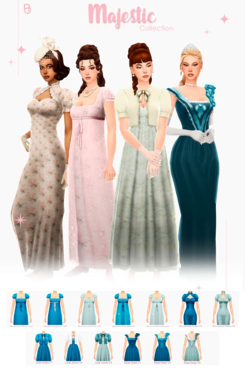 female Sims wearing majestic royal dresses