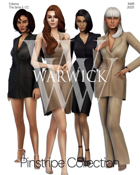 four female Sims wearing chic business-ready outfits