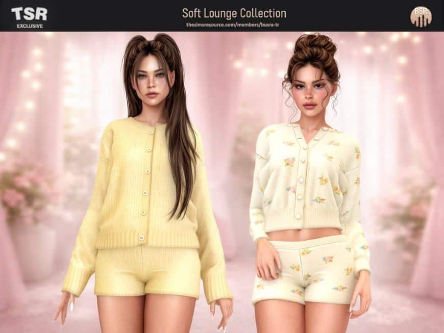 two female Sim wearing long-sleeve tops and shorts lounge sets