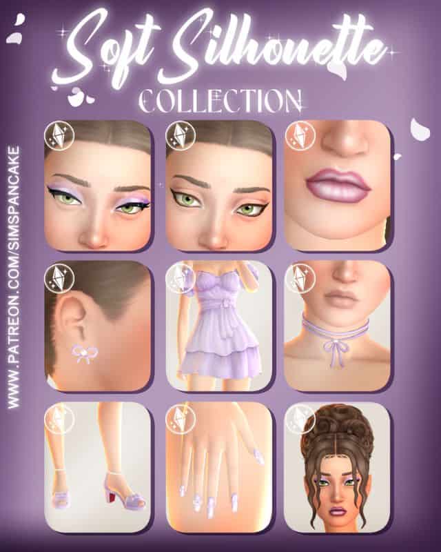 collage of 9 clothing, accessories, makeup and hair CC pieces