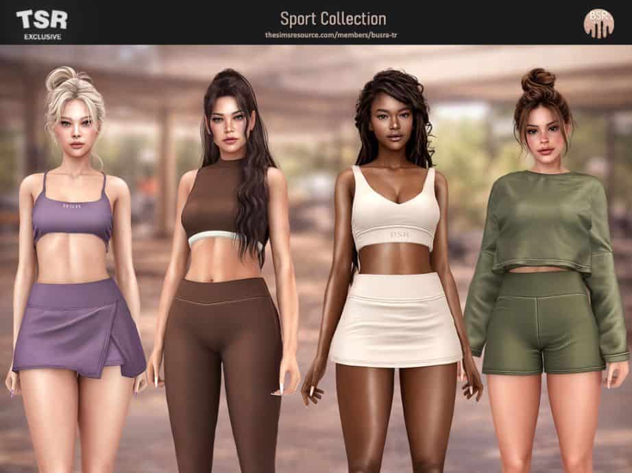 four female Sims wearing mixed sports outfits