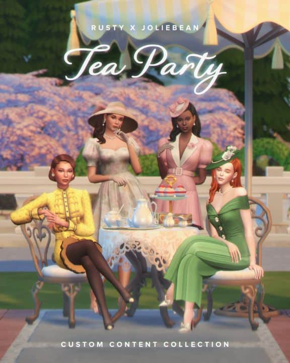 female Sims dressed in chic clothing for a tea party