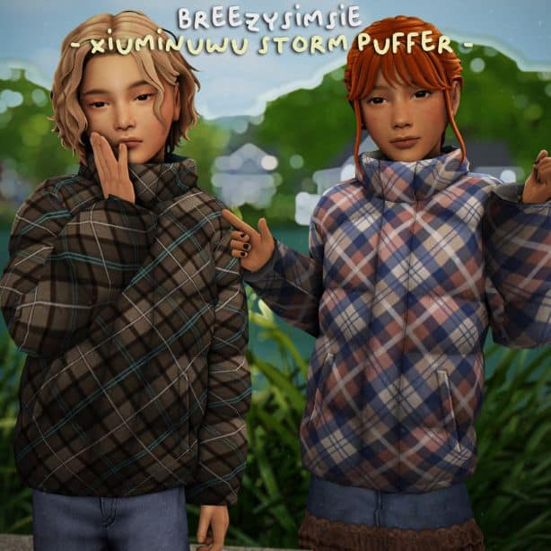 two Sims kids wearing plaid puffer jackets