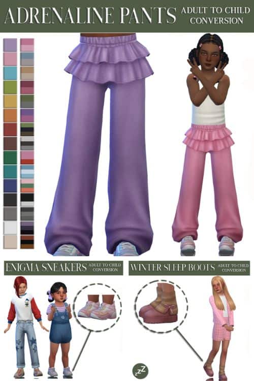 Sims kids wearing cozy pants, sneakers and platform boots