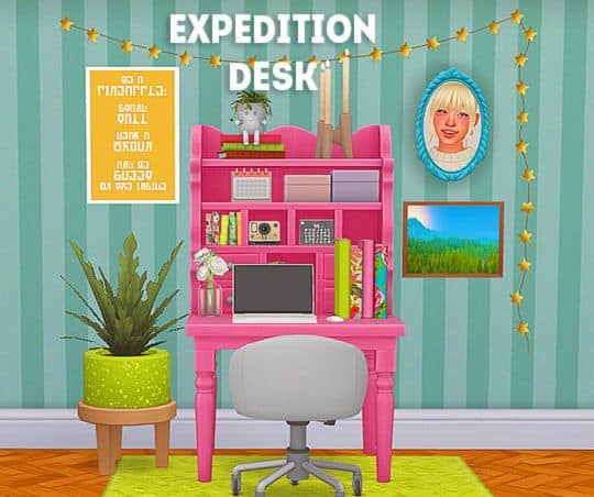 a colorful study nook with a bright pink desk