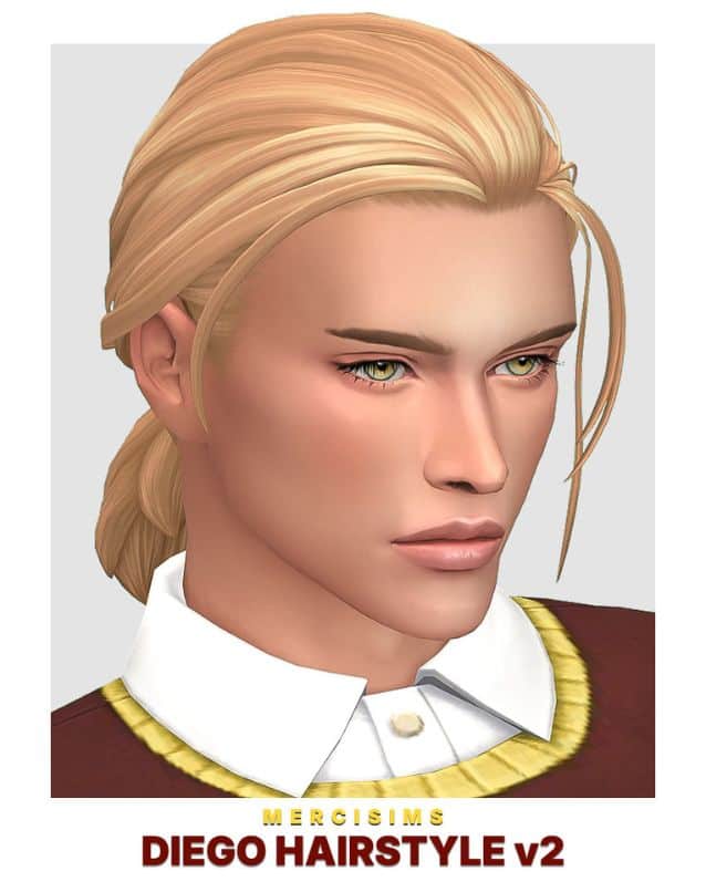 blond male Sim with a short ponytail and loose strands