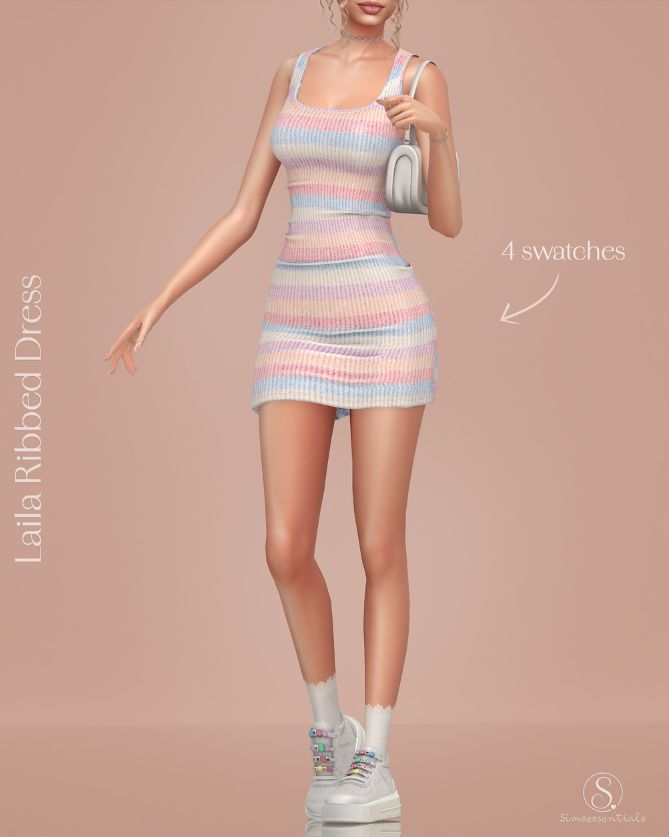 female sim wearing a multi-color ribbed dress