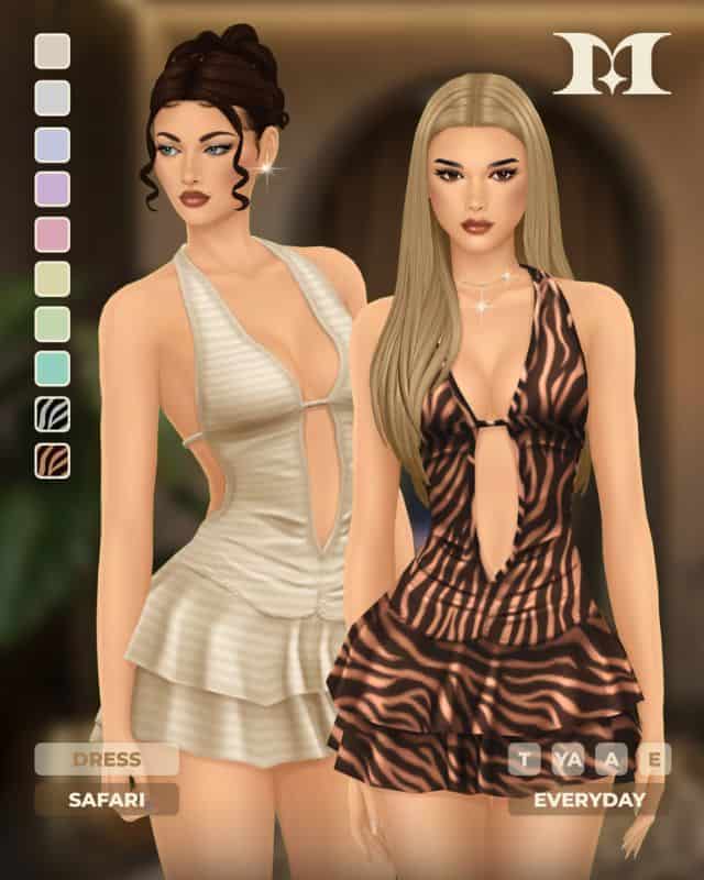 two female Sims wearing frilly, mini halter dresses