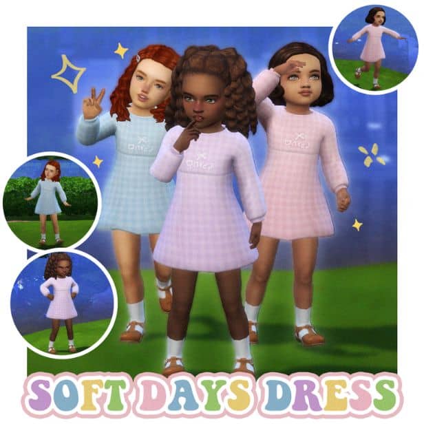 three toddler sims wearing matching dresses