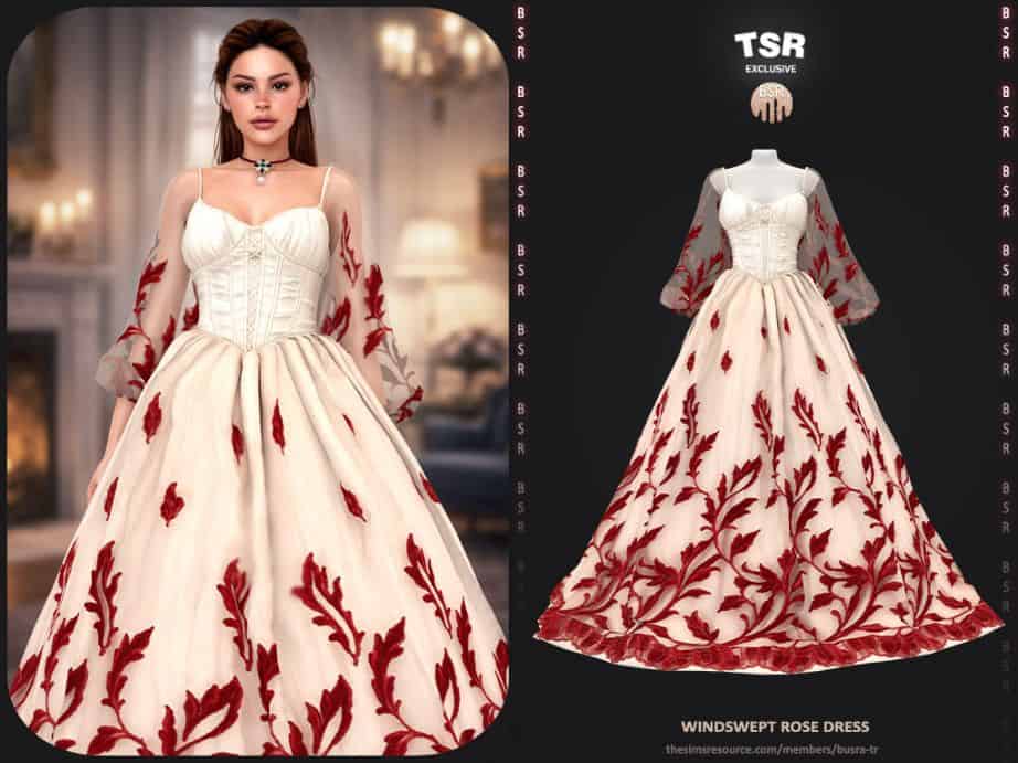 female Sim wearing a voluminous dress with rose floral appliqué and mesh sleeves