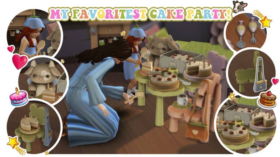 Sims child and adult enjoying cake during a party