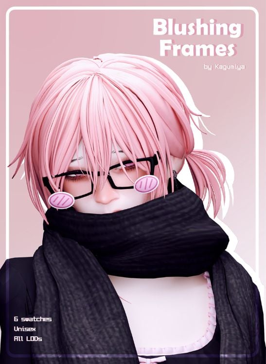 Sim wearing black frames with pink blushing effects