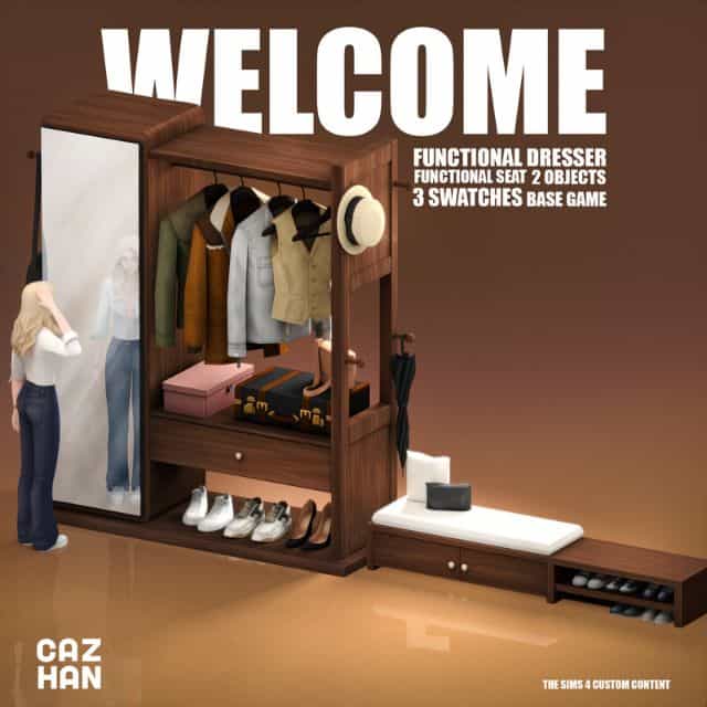 Sim standing in front of a functional dresser and seat