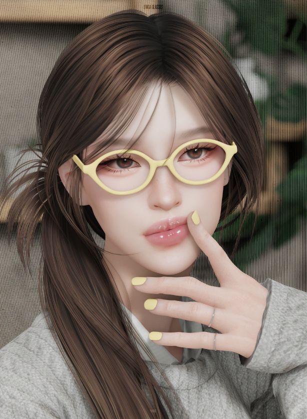female Sim with small butter-yellow glasses