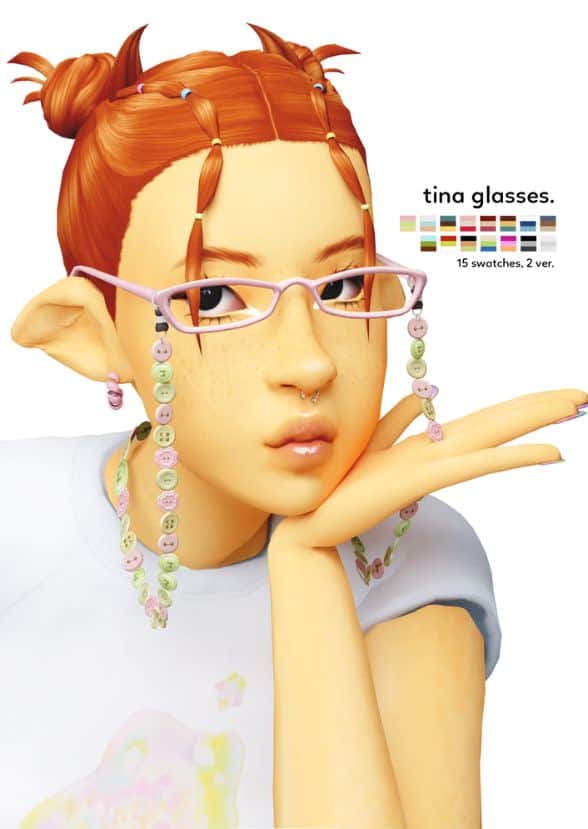 female Sim wearing small rectangular glasses with a button chain accessory