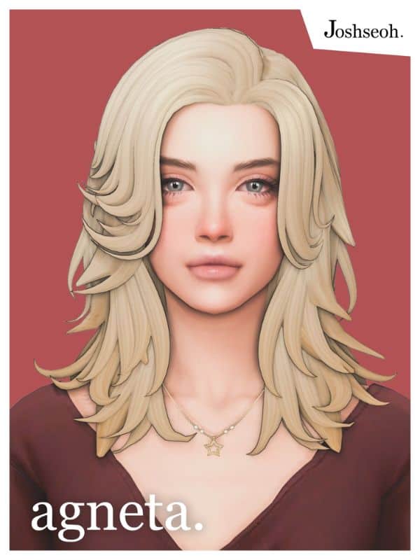 blond female Sim with shoulder-length layered hair