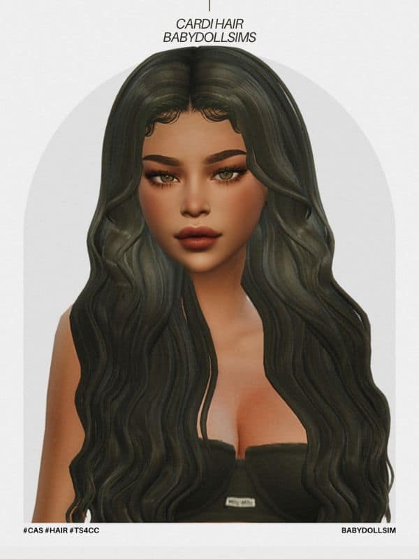 female Sim with long, wavy black hair and baby hairs