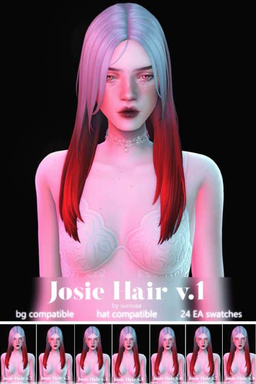 female Sim with two tone hair, shown in different haircut versions