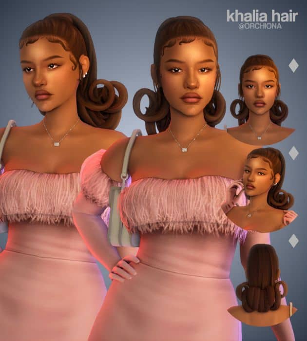 black female Sim with a high ponytail with curled ends