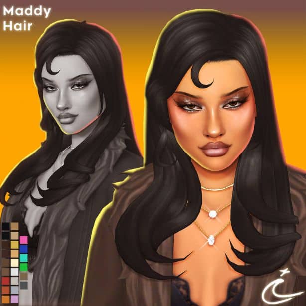 female Sim with a dark, styled hairstyle