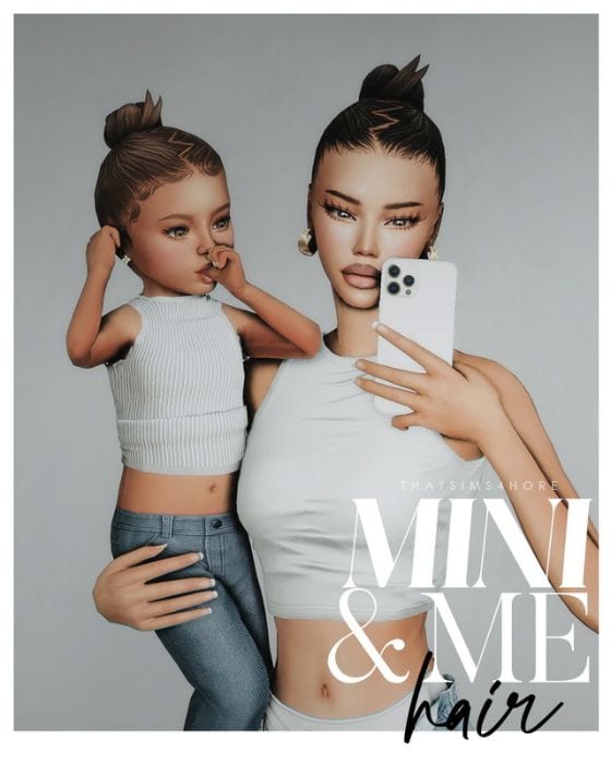 female Sim and toddler with sleek buns with a zigzag hairline
