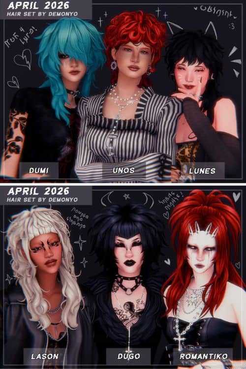 six female Sims with edgy hairstyles