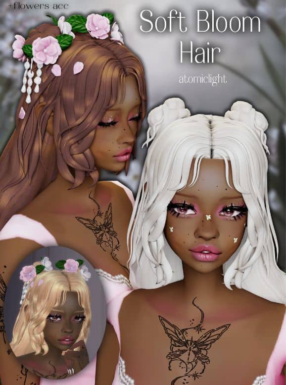 female Sims with top buns, loose long hair and flower accessories