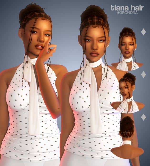 black female Sim with a braided bun hairstyle