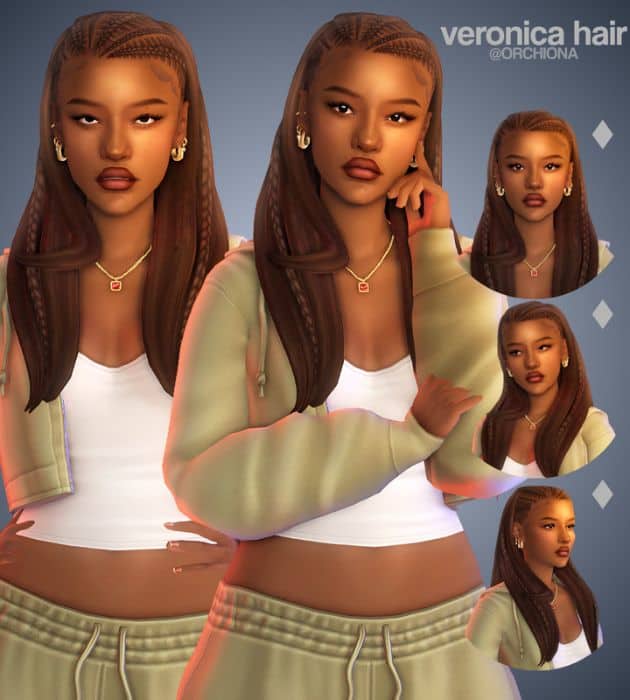 black female Sim with a medium-length flowing hairstyle, braided at the top