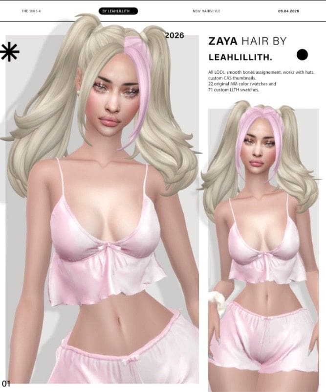 blond female Sim with thick pigtails with pink hair strands