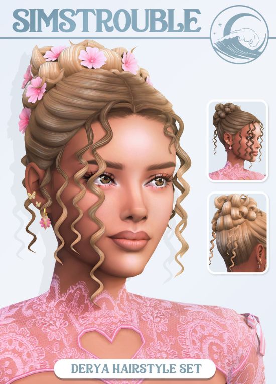 female Sim with a chic updo hairstyle with optional flowers