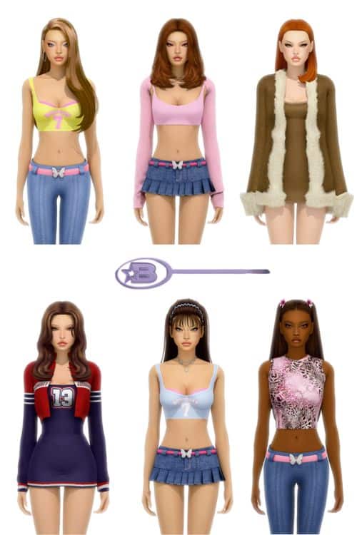 six female Sims wearing Y2K-inspired outfits