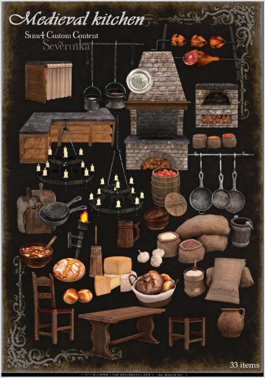 collage of mixed medieval-themed kitchen furniture and items