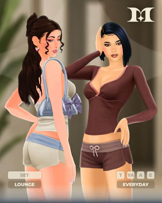 female Sim wearing ribbed loungewear pieces and a purse with a bow